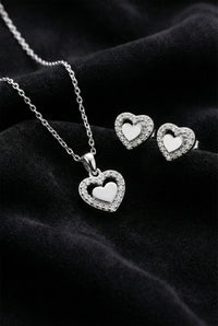 CZ Minimalist Layered Heart Necklace & Earrings Set Rhodium Plated Silver – 2-Piece