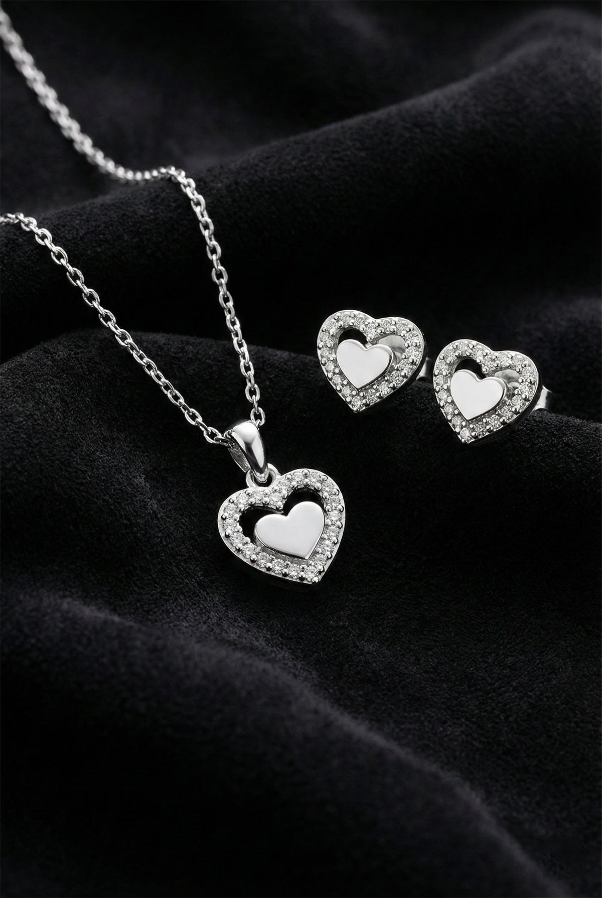 Zircon Heart Necklace & Earrings Jewelry Set in 925 sterling silver