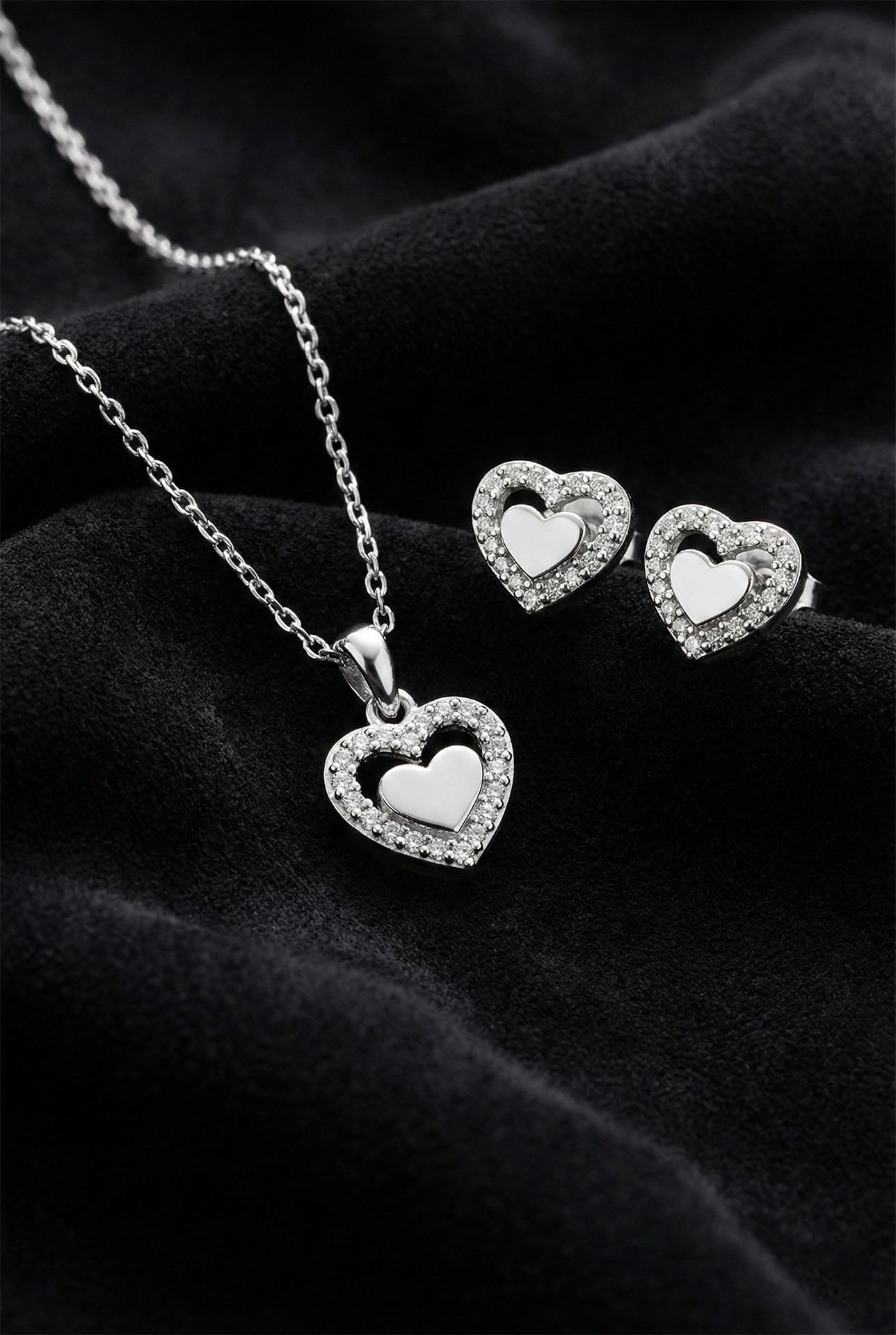 CZ Minimalist Layered Heart Necklace & Earrings Set Rhodium Plated Silver – 2-Piece