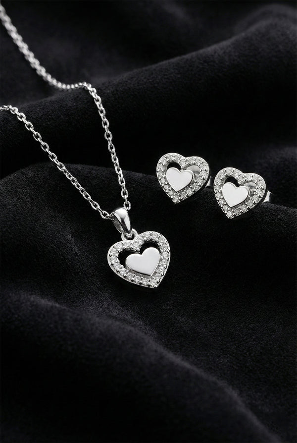 CZ Minimalist Layered Heart Necklace & Earrings Set Rhodium Plated Silver – 2-Piece