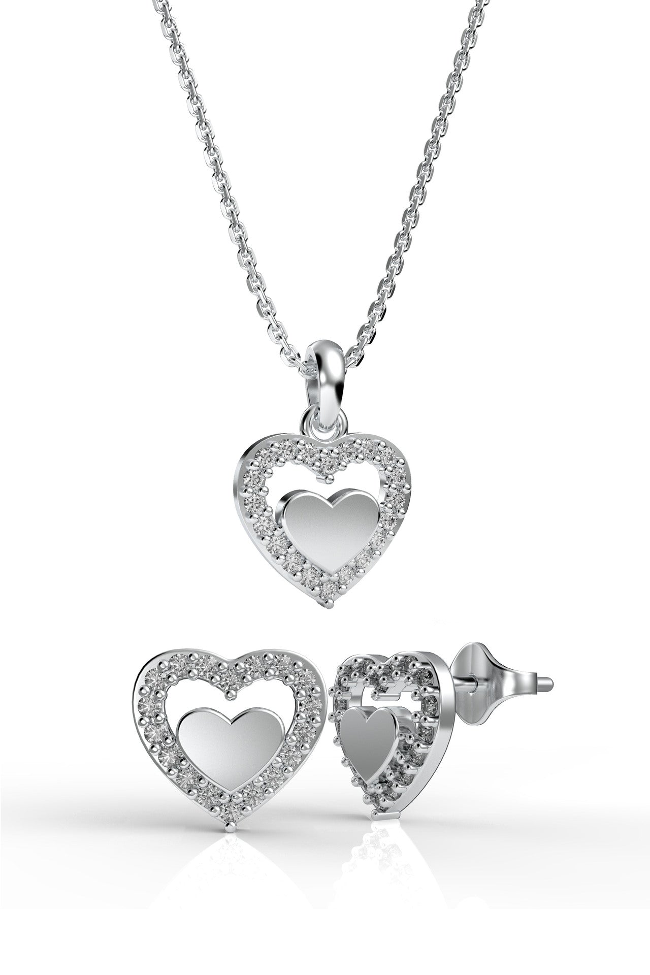 CZ Minimalist Layered Heart Necklace & Earrings Set Rhodium Plated Silver – 2-Piece