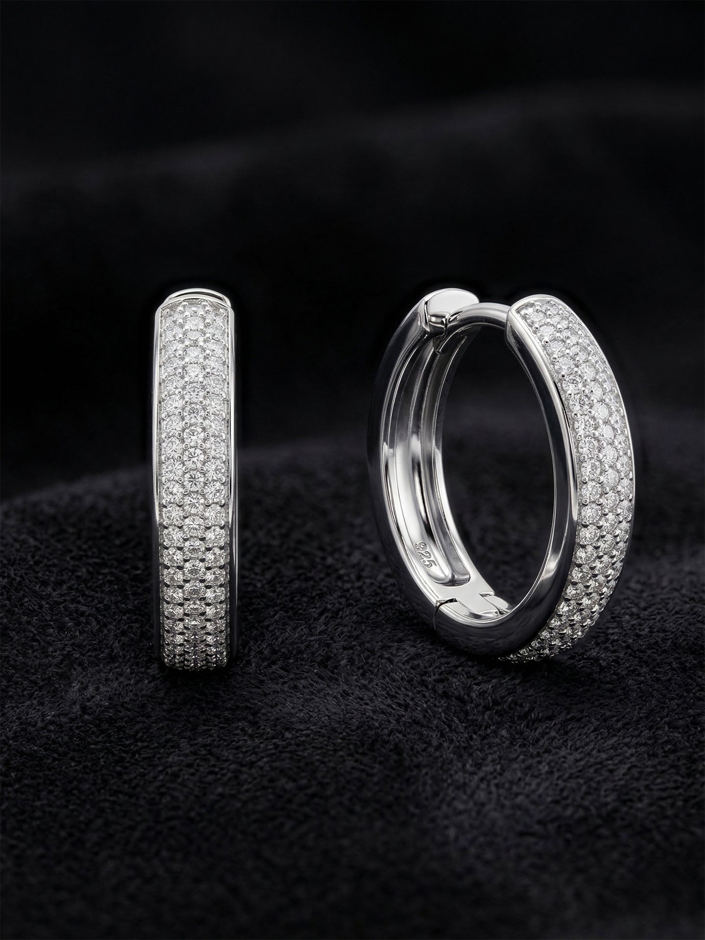 CZ Oval Shaped Triple-Row Huggie Hoop Earrings Rhodium Plated Silver
