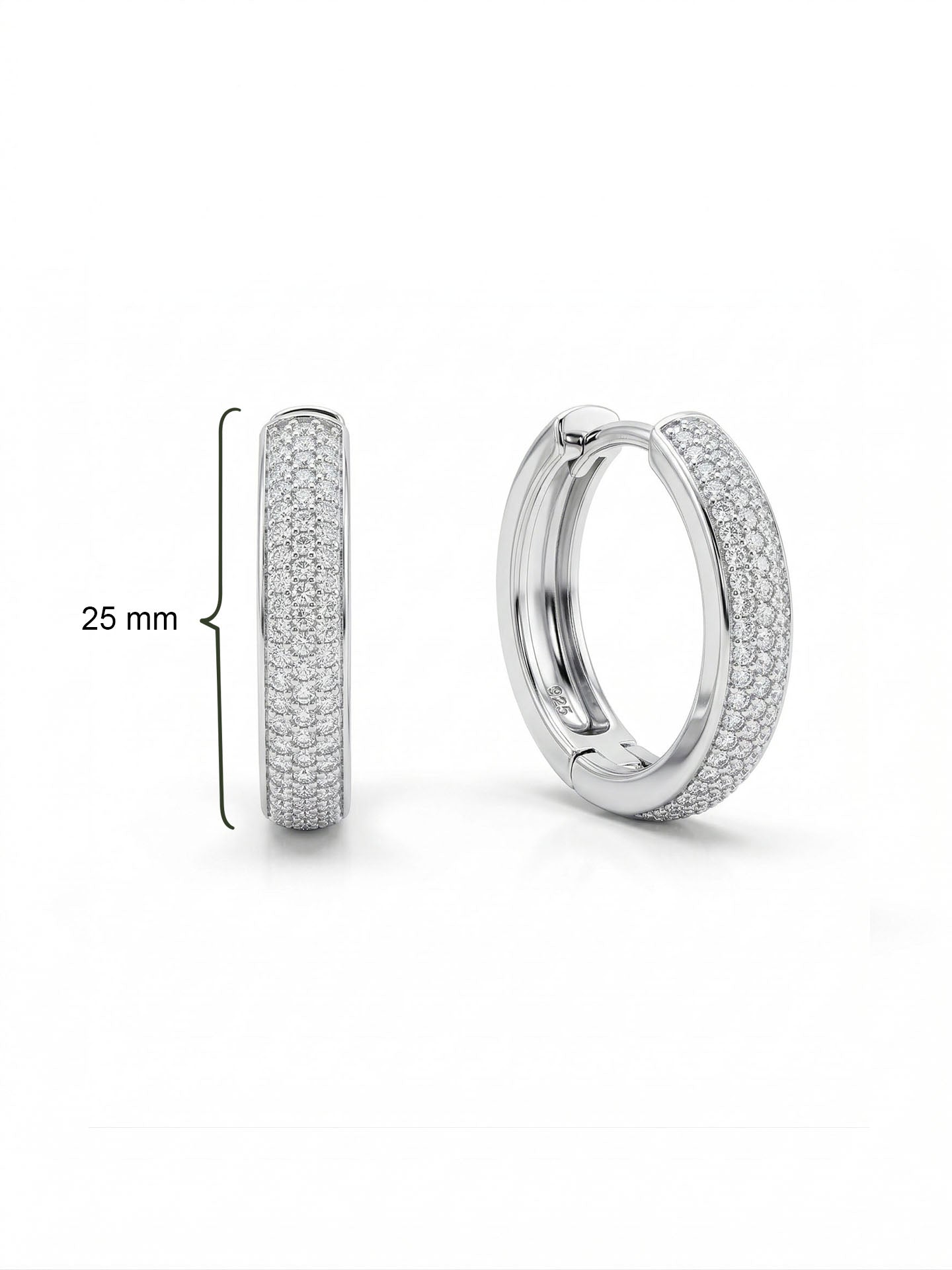 CZ Oval Shaped Triple-Row Huggie Hoop Earrings Rhodium Plated Silver