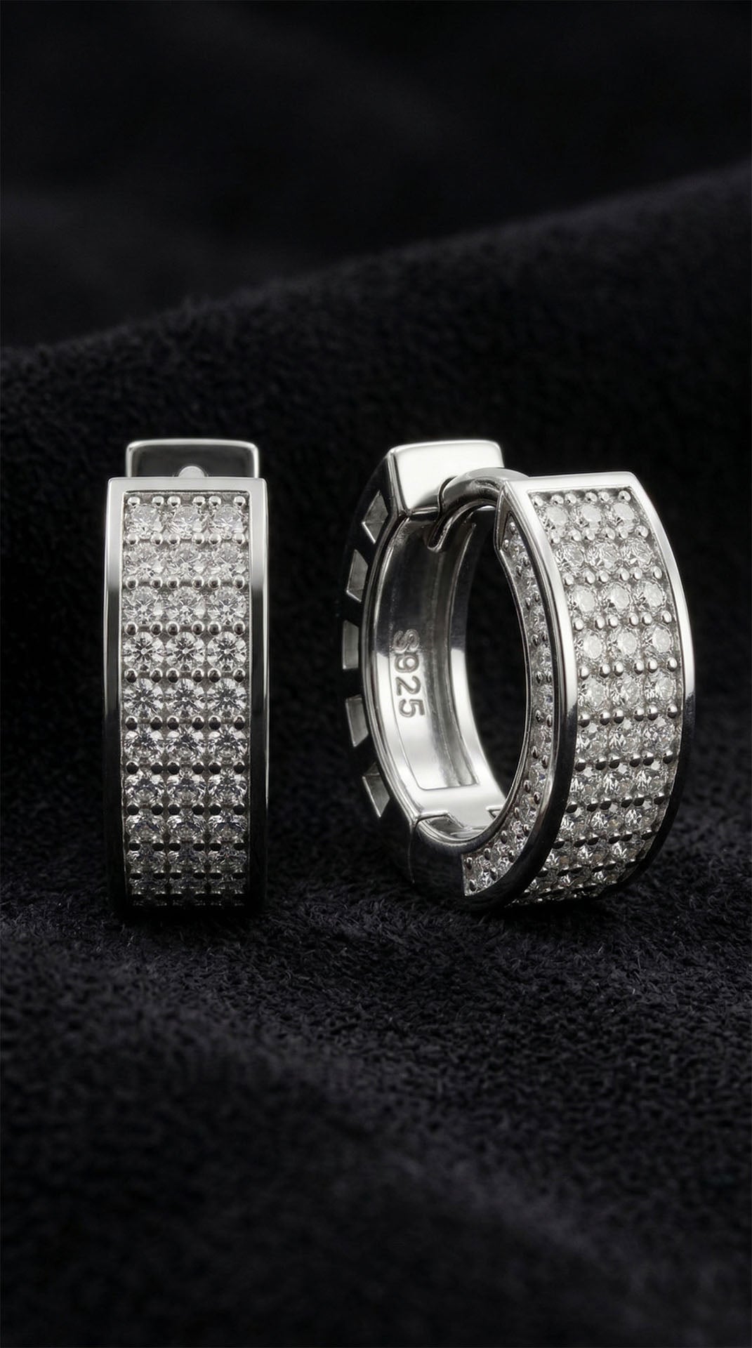 CZ Triple-Row Huggie Hoop Earrings Rhodium Plated Silver