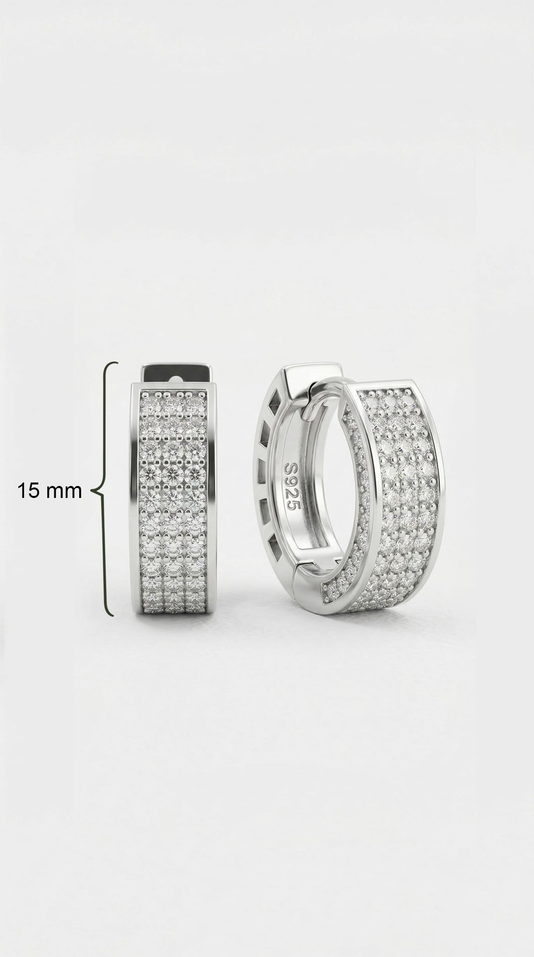 CZ Triple-Row Huggie Hoop Earrings Rhodium Plated Silver