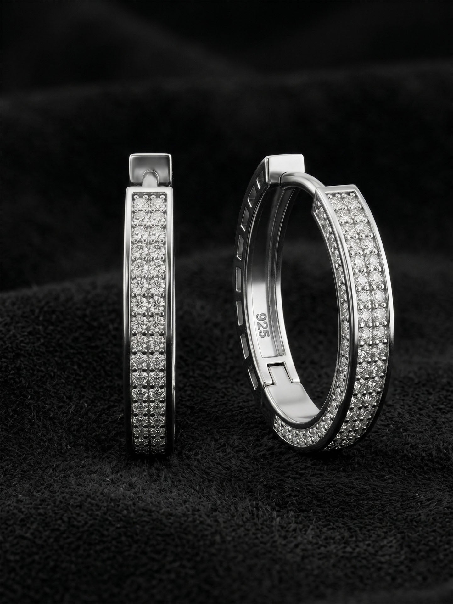 CZ Half-Hoop Double-Row Huggie Hoop Earrings Rhodium Plated Silver