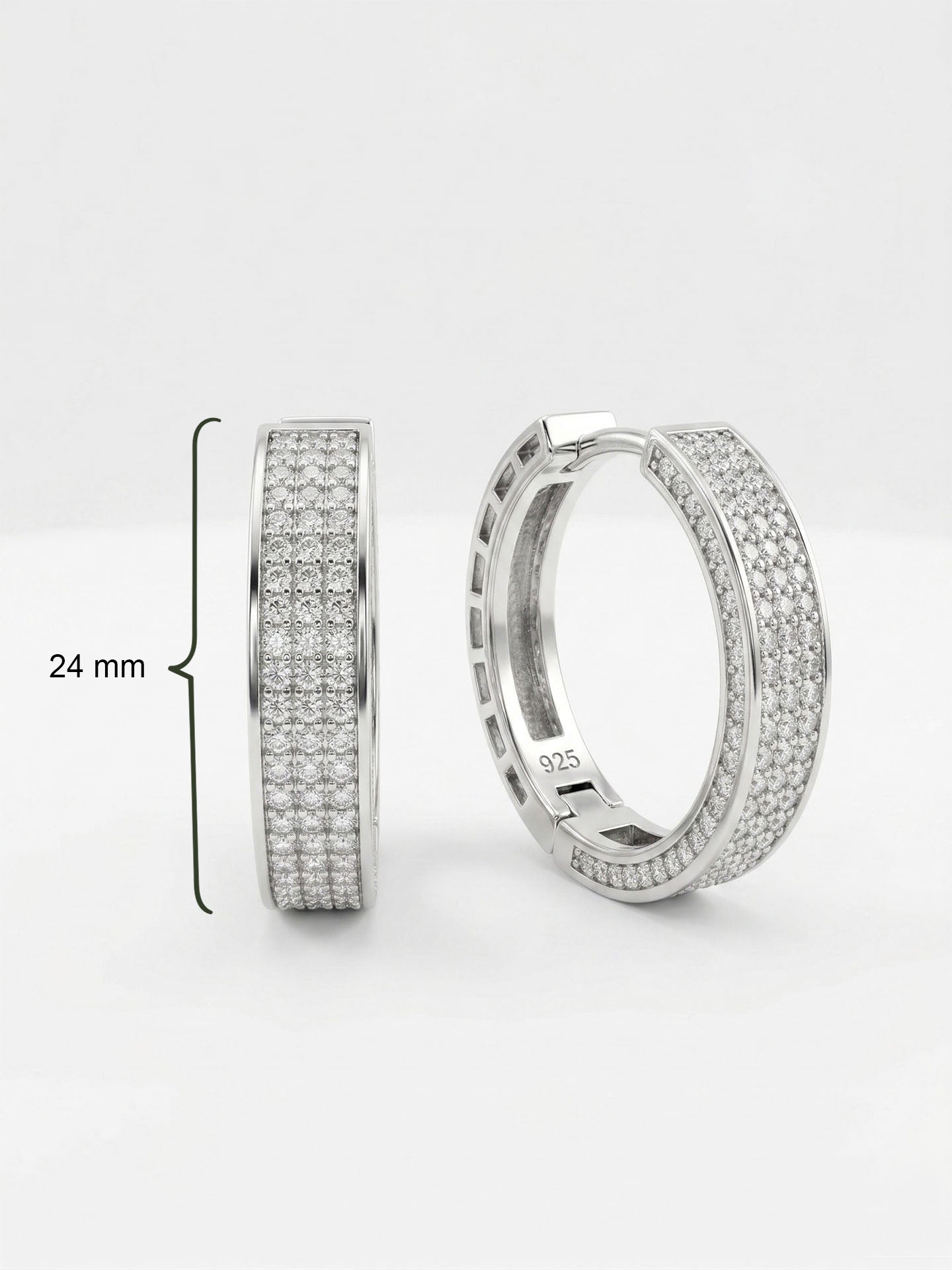 CZ Half-Hoop Triple-Row Huggie Hoop Earrings Rhodium Plated Silver