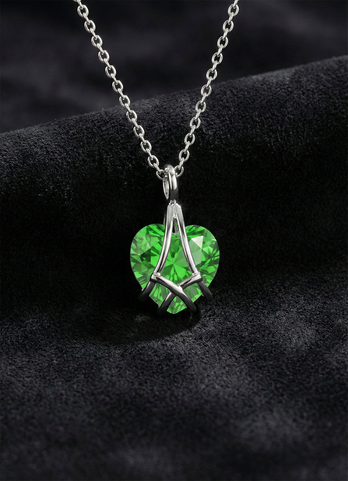 Rhodium Emerald Caged Heart Friendship Necklace in 925 sterling silver