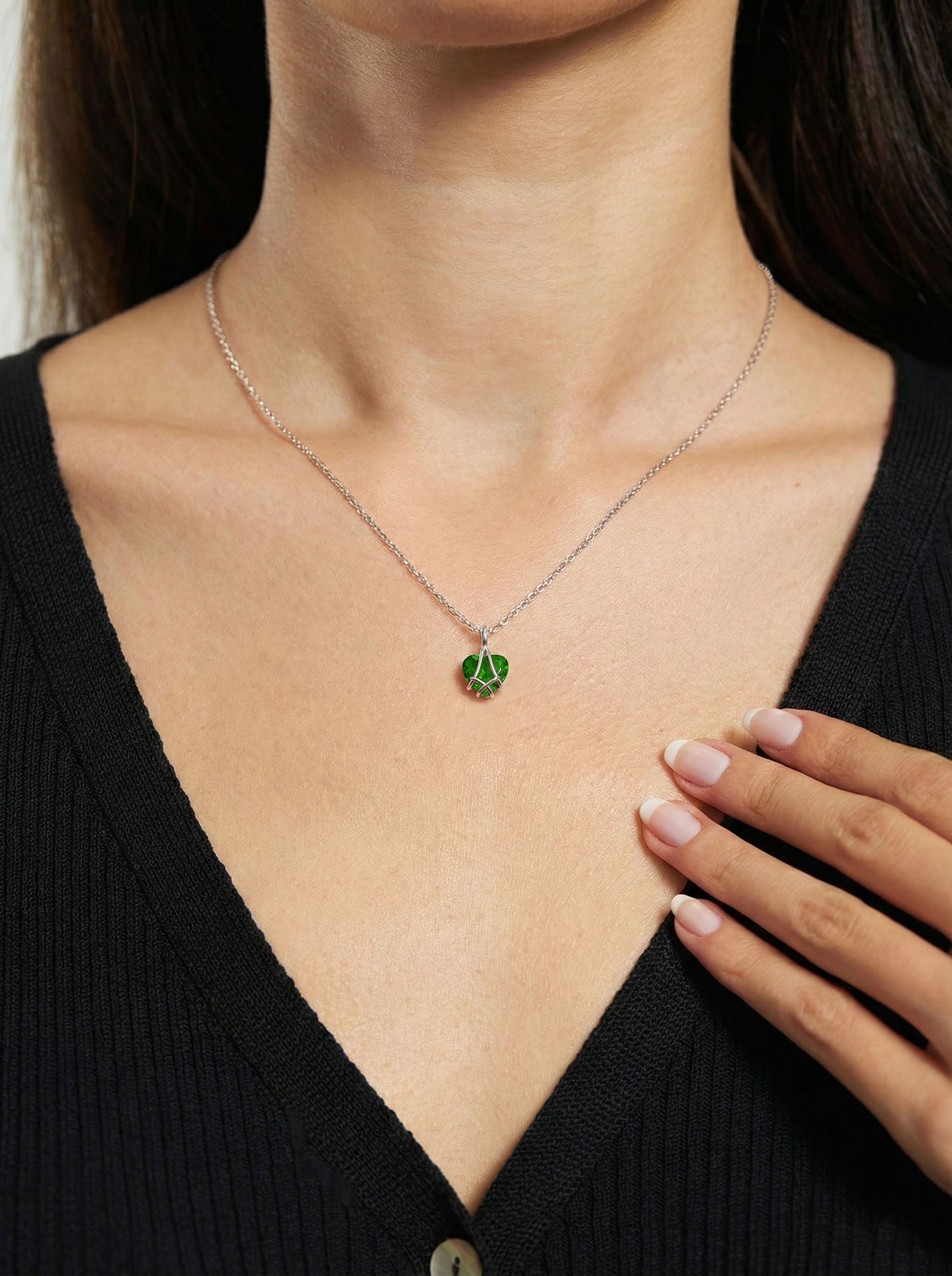 Emerald Cage Heart Friendship Necklace Rhodium Plated Silver