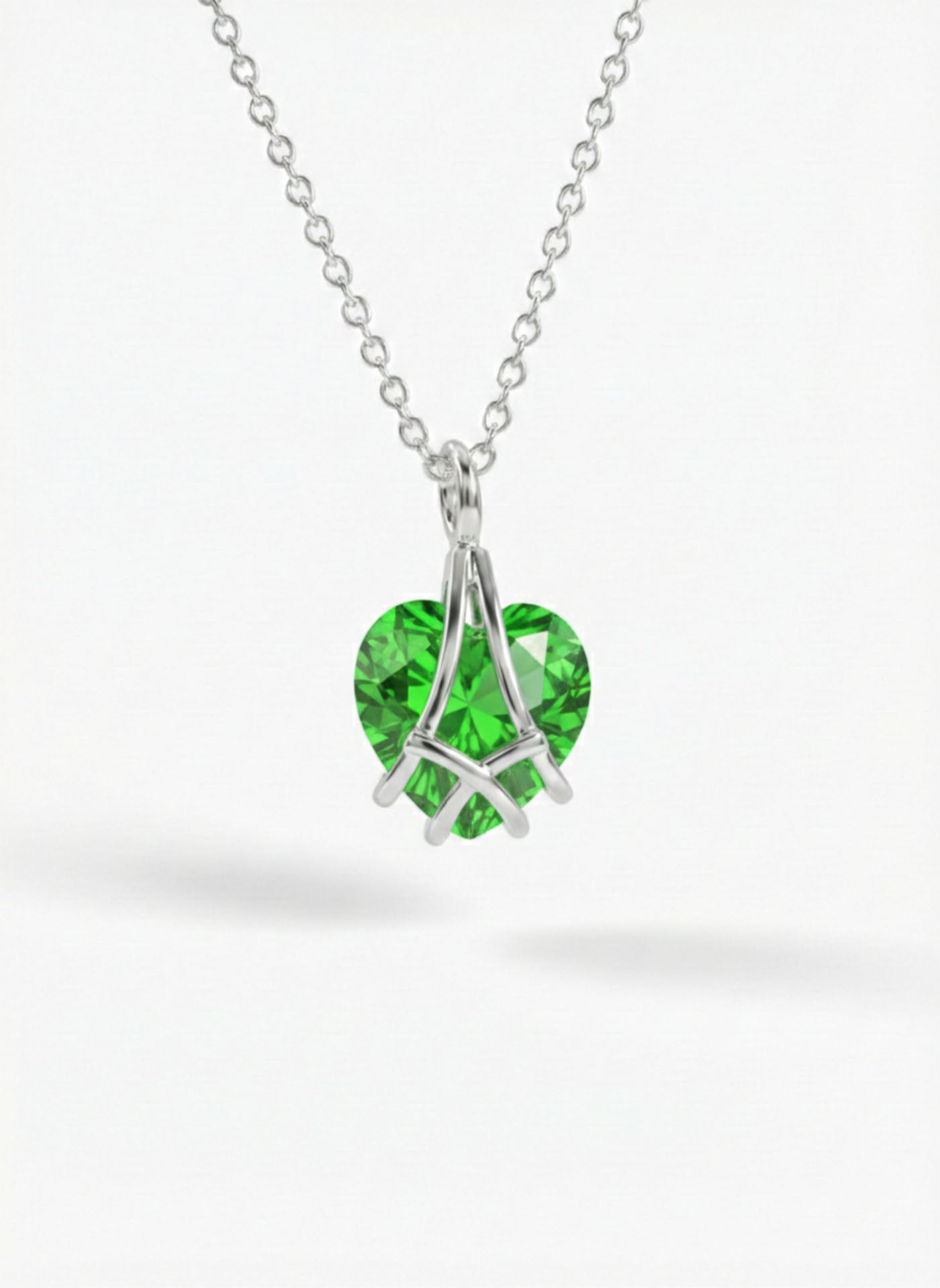 Emerald Cage Heart Friendship Necklace Rhodium Plated Silver