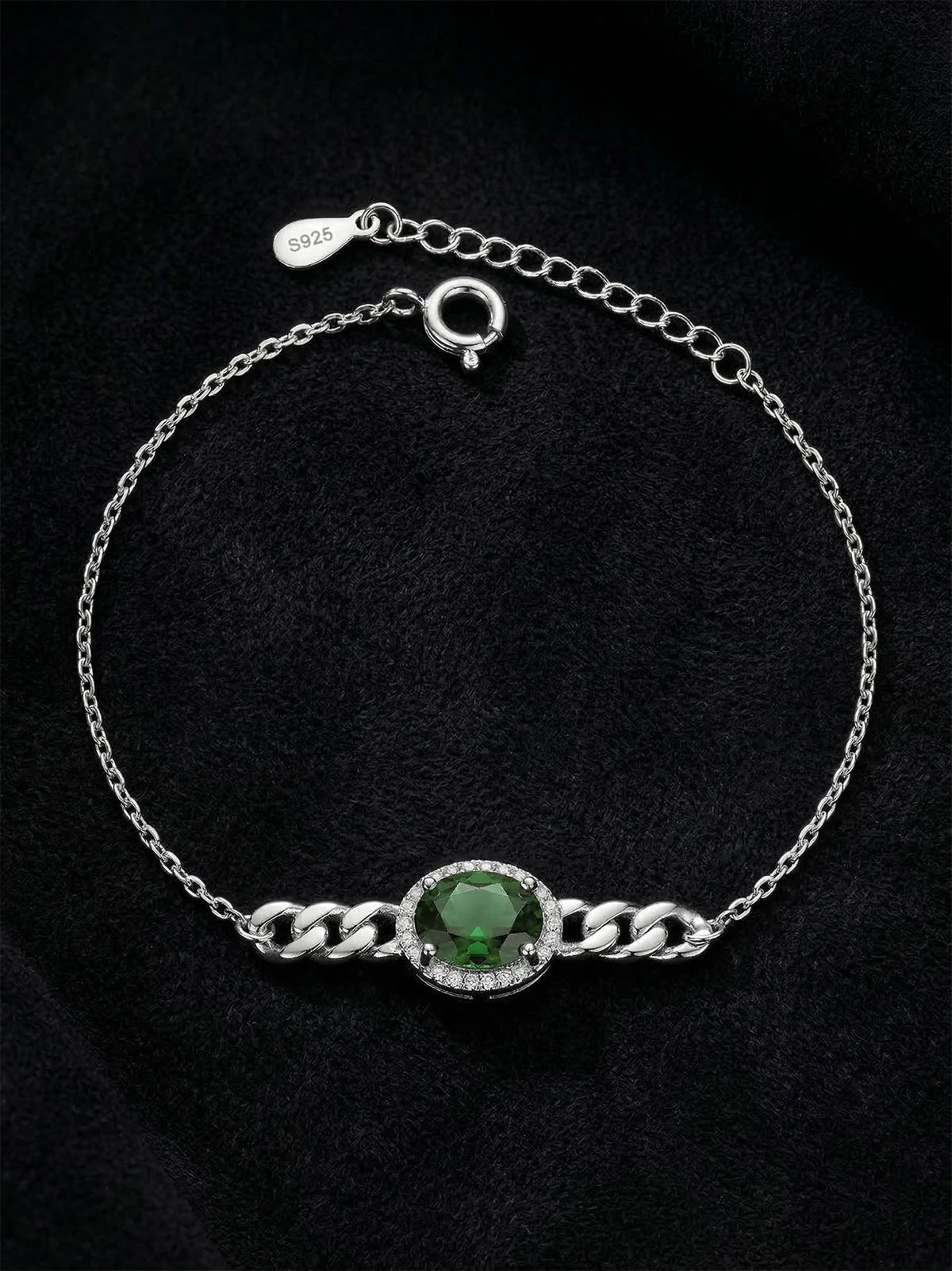 Emerald Zircon Curb Chain Detail Bracelet in 925 sterling silver - view 3