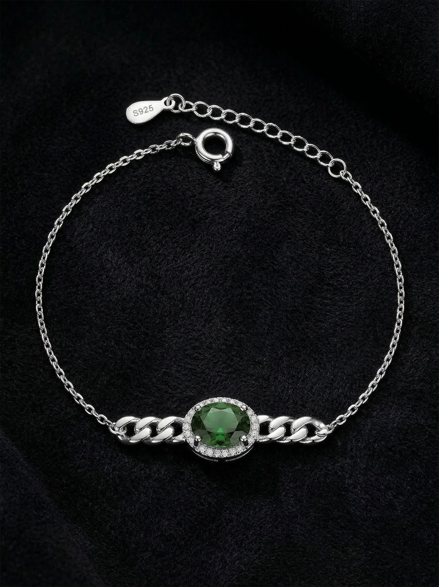Emerald Green Gourmette Chain Detailed Bracelet Rhodium Plated Silver