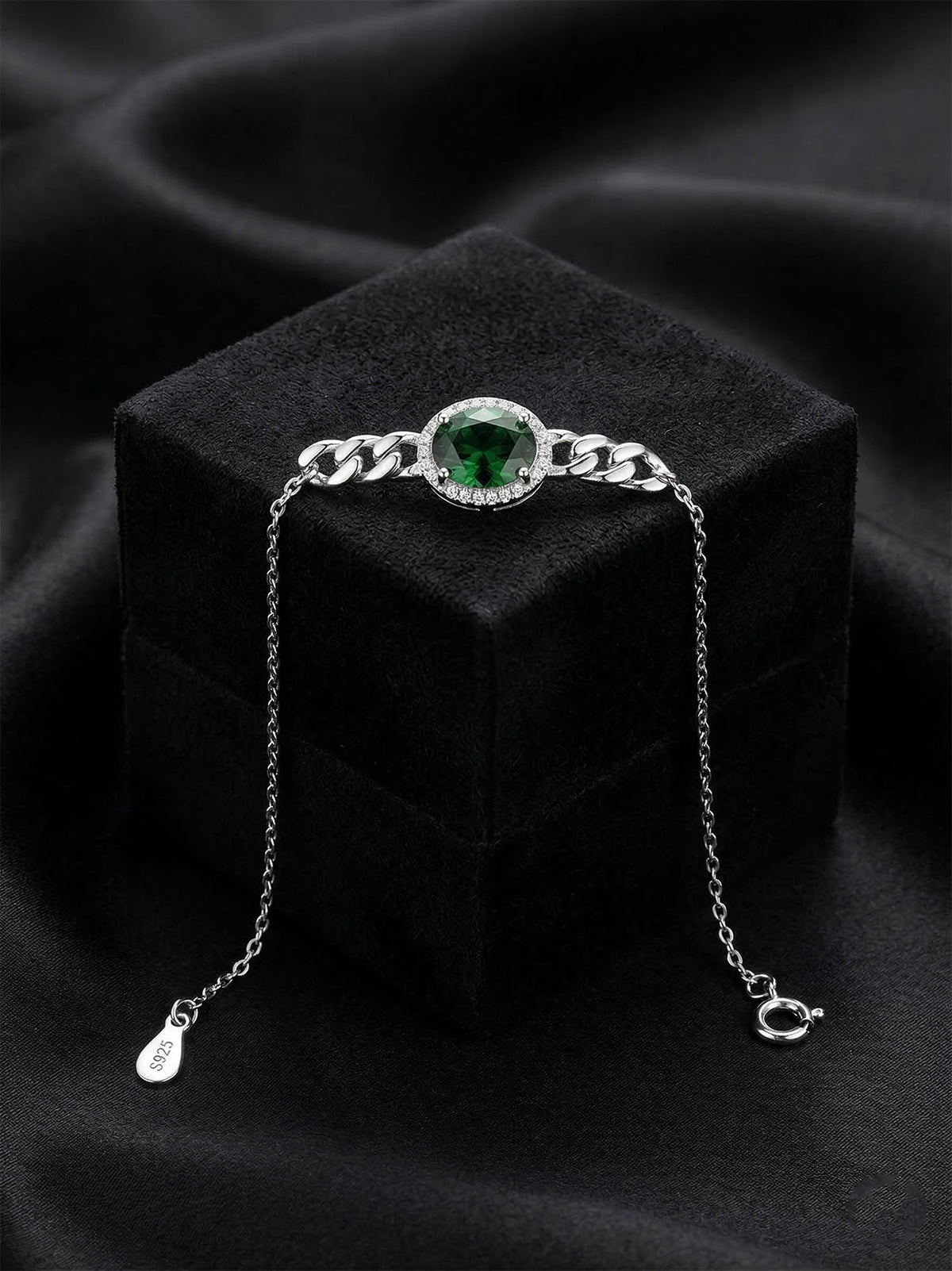 Emerald Zircon Curb Chain Detail Bracelet in 925 sterling silver - view 4