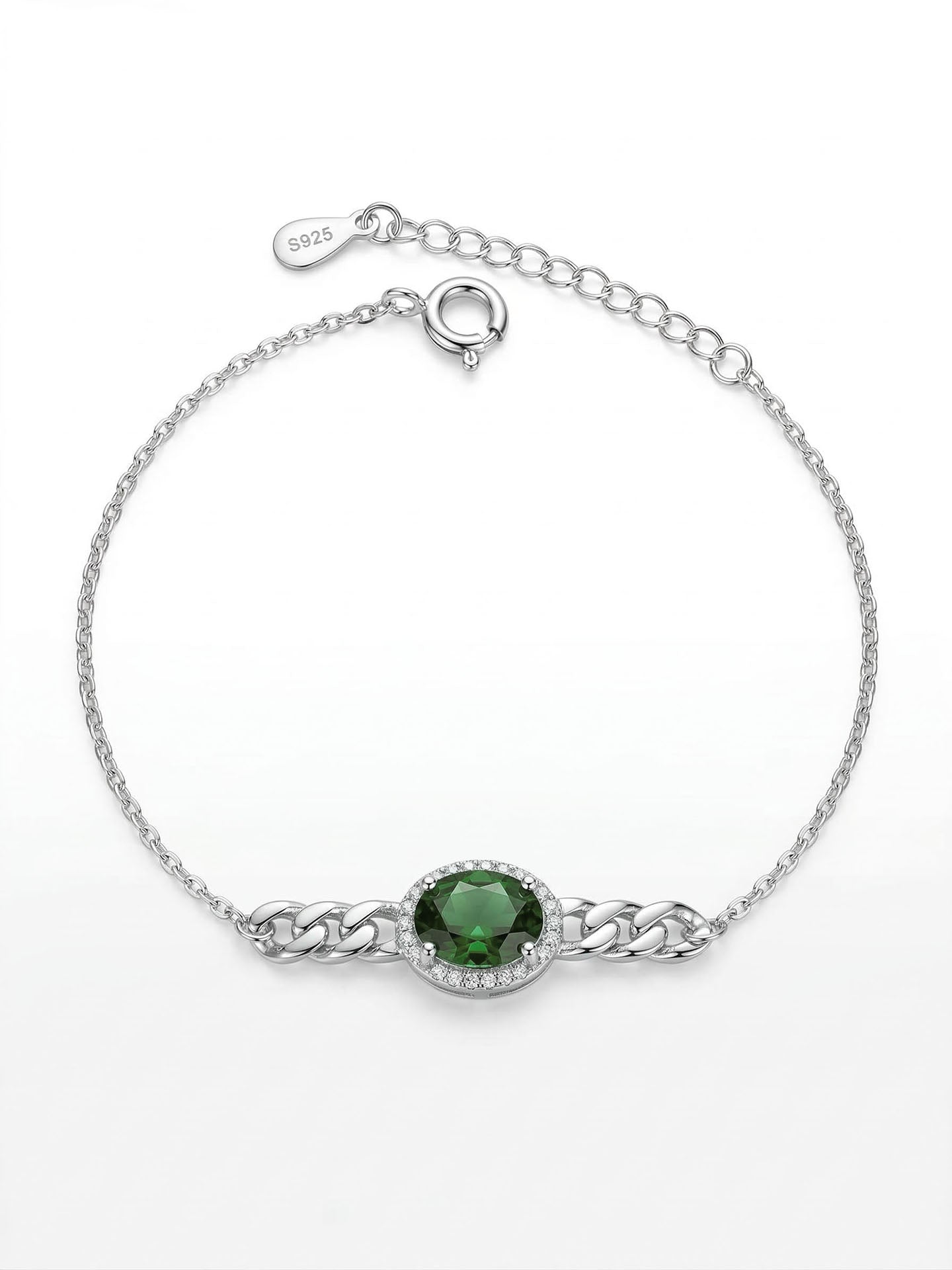 Emerald Green Gourmette Chain Detailed Bracelet Rhodium Plated Silver