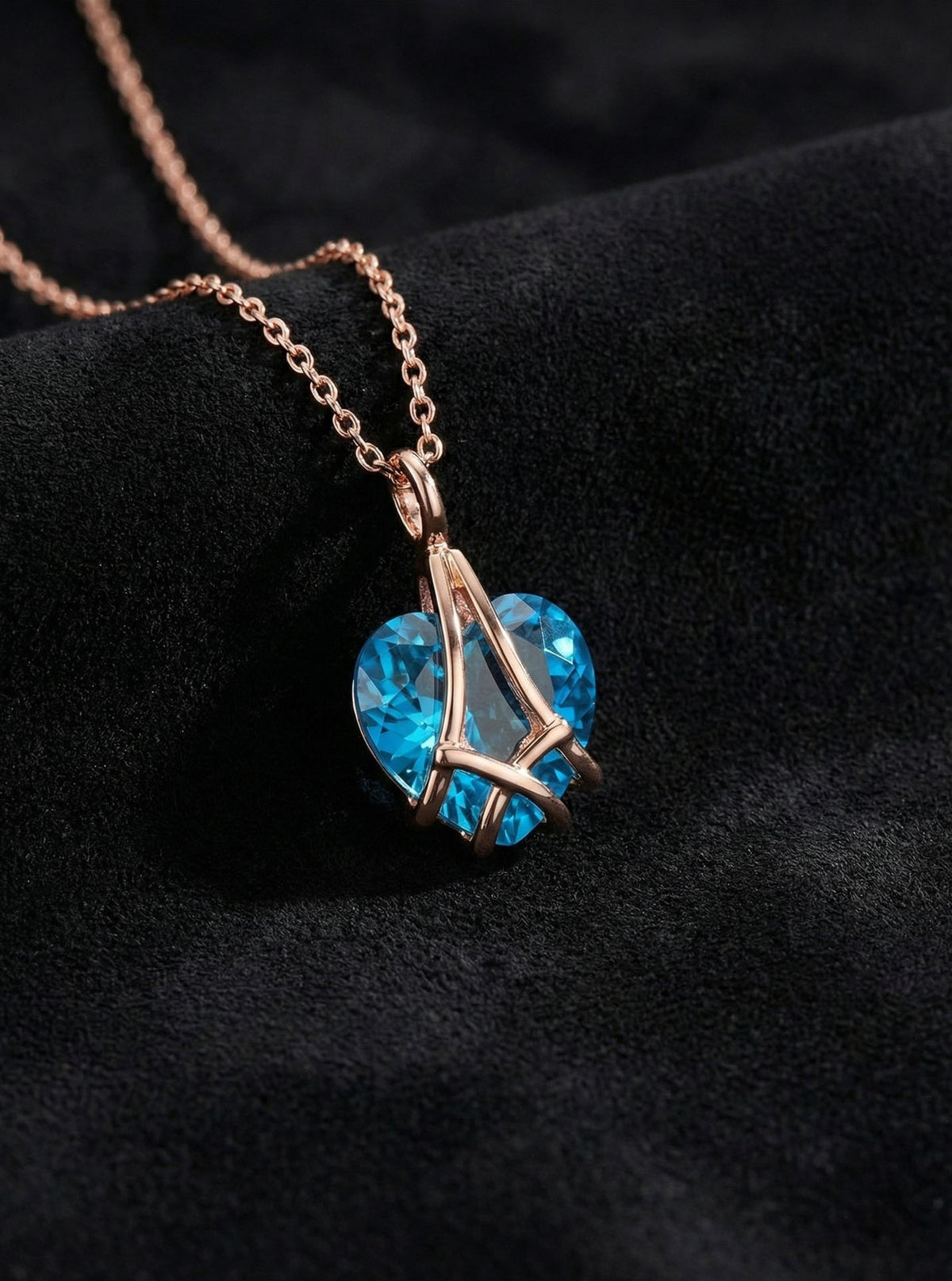 Rose Gold Aquamarine Caged Heart Necklace in 925 sterling silver
