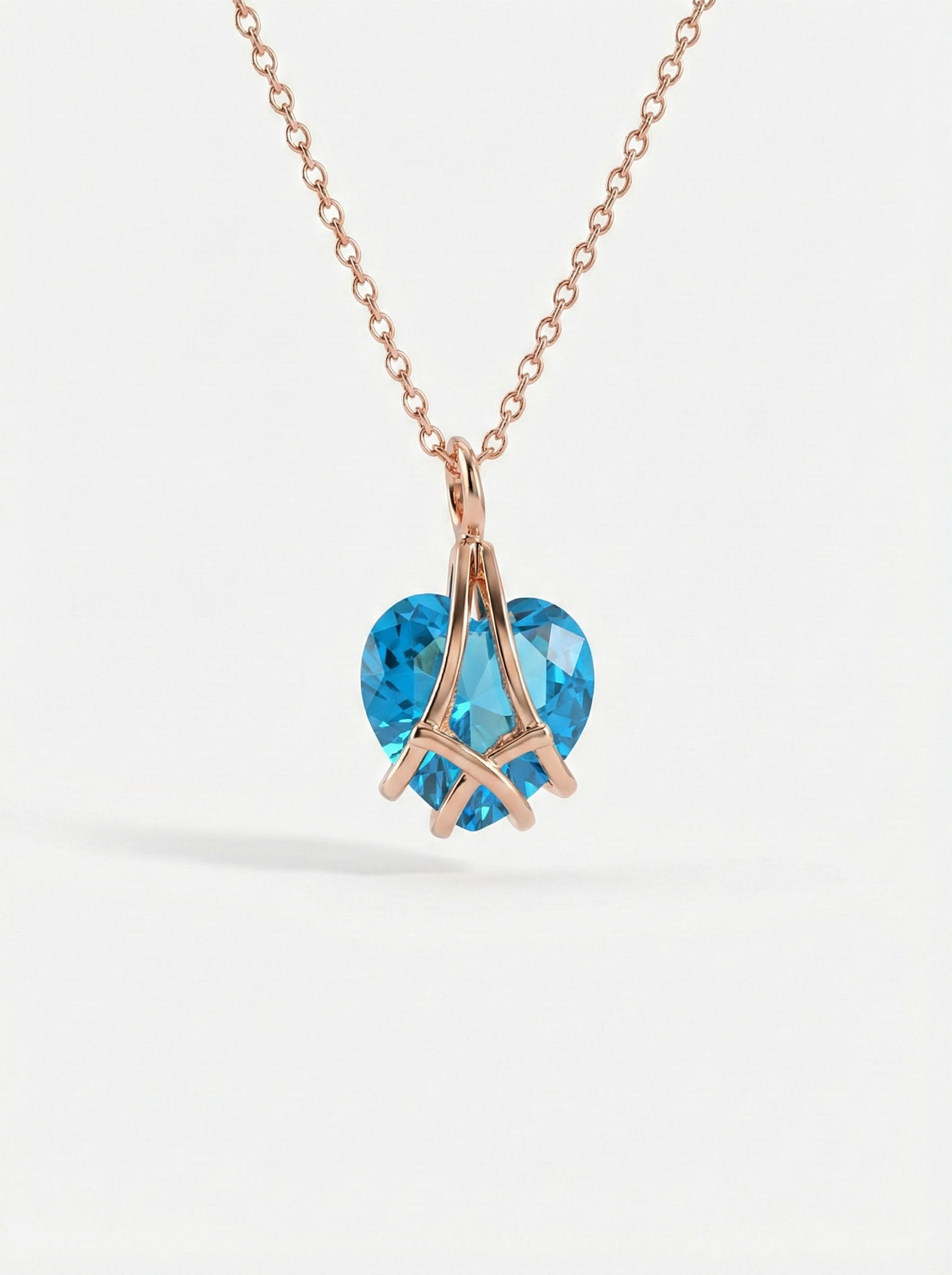 Aquamarine Cage Heart Friendship Necklace Rose Gold Plated Silver