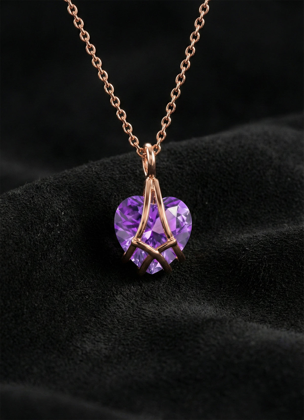 Rose Gold Amethyst Caged Heart Necklace in 925 sterling silver