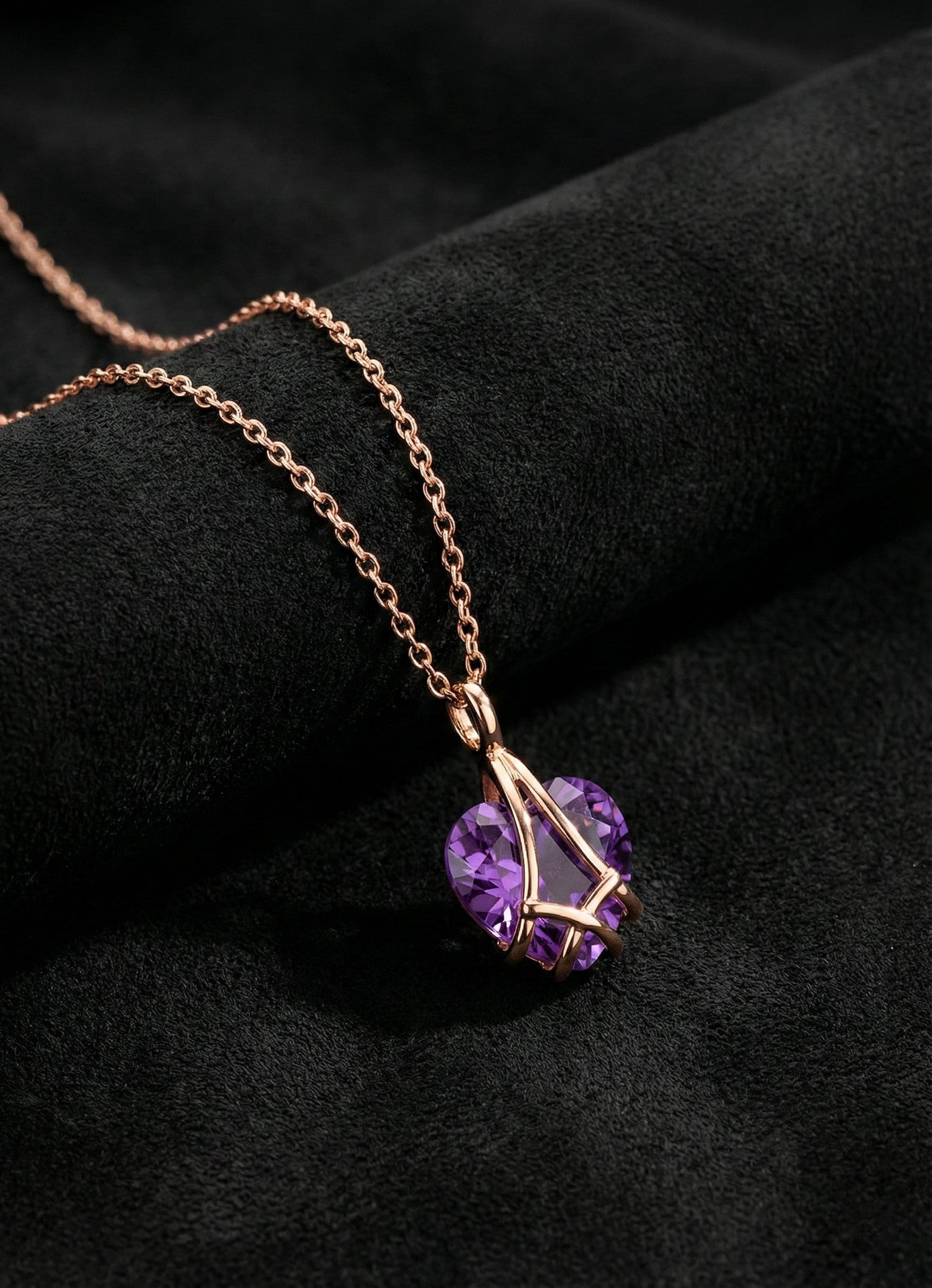 Amethyst Cage Heart Friendship Necklace Rose Gold Plated Silver