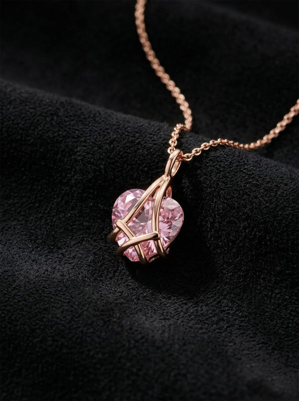 925 Ayar Gümüş Rose Renk Pembe Kuvars Taşlı Kafes Kalp Arkadaşlık Kolyesi