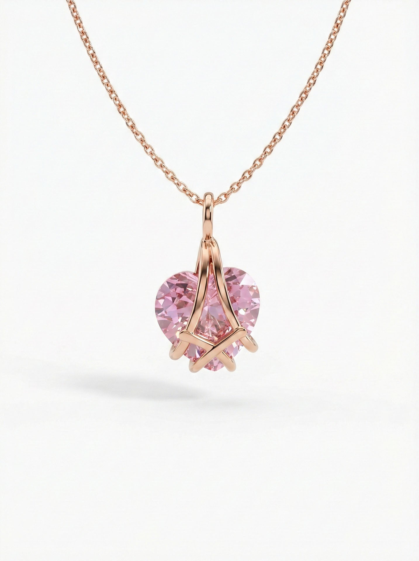 Rose Quartz Cage Heart Friendship Necklace Rose Gold Plated Silver