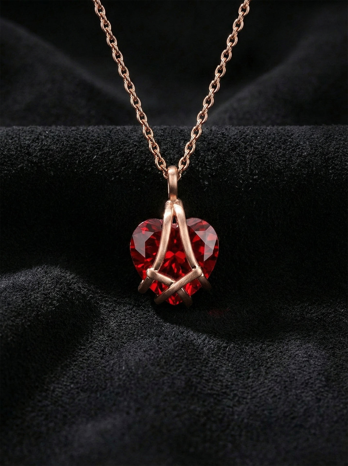 Rose Gold Ruby Caged Heart Friendship Necklace in 925 sterling silver
