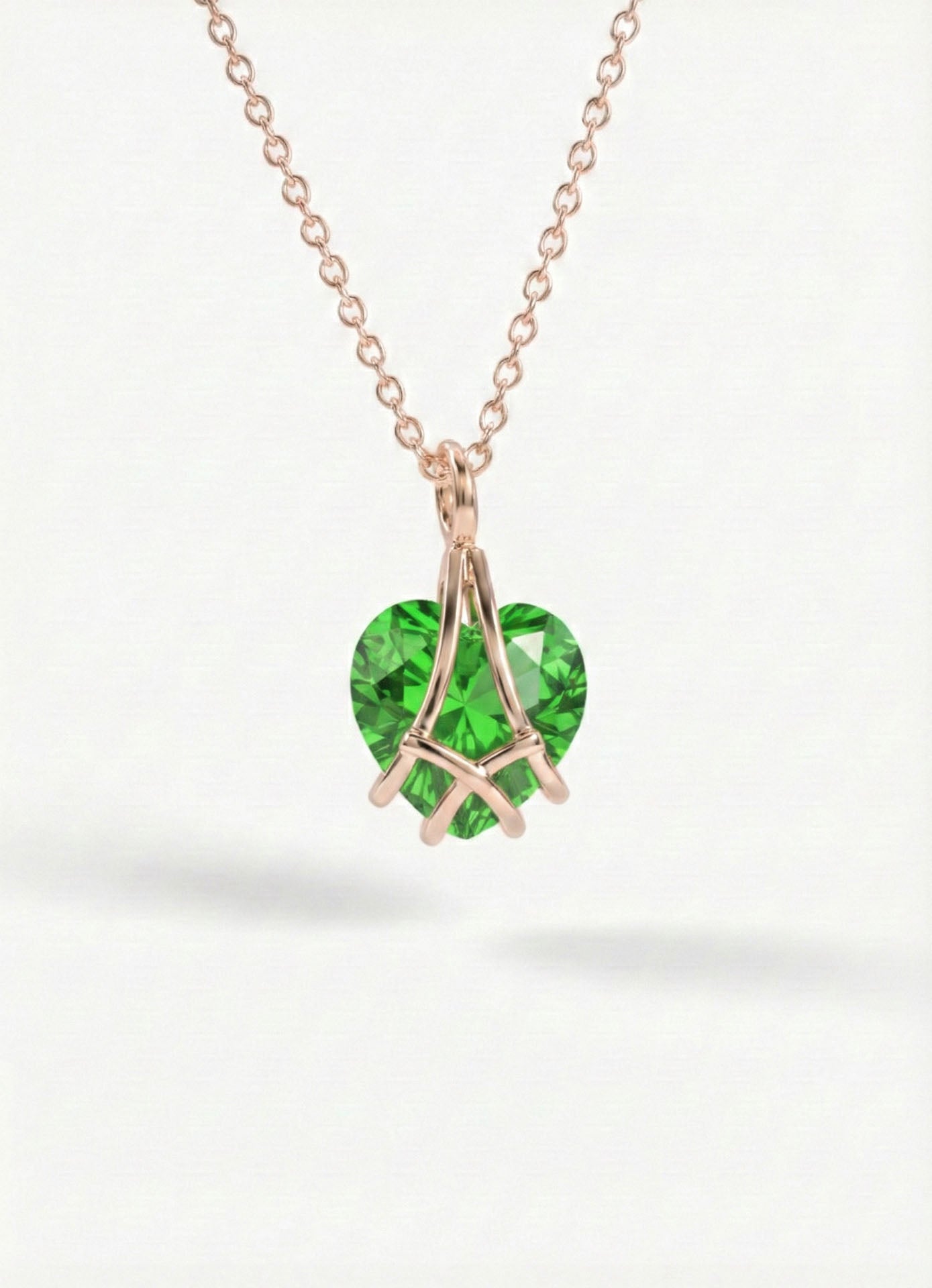 Emerald Cage Heart Friendship Necklace Rose Gold Plated Silver