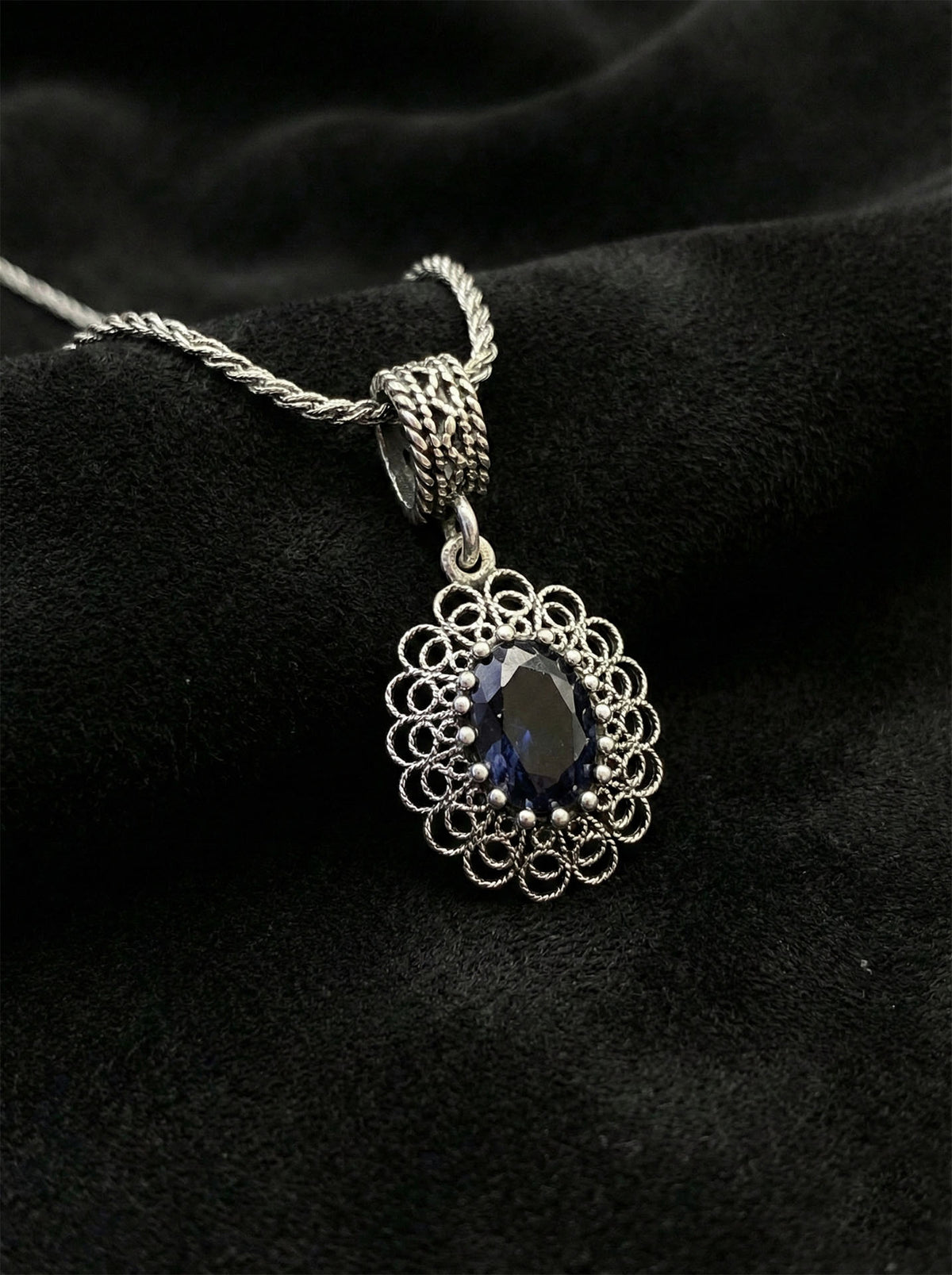 Oval Filigree Sapphire Stone Pendant Necklace in 925 sterling silver