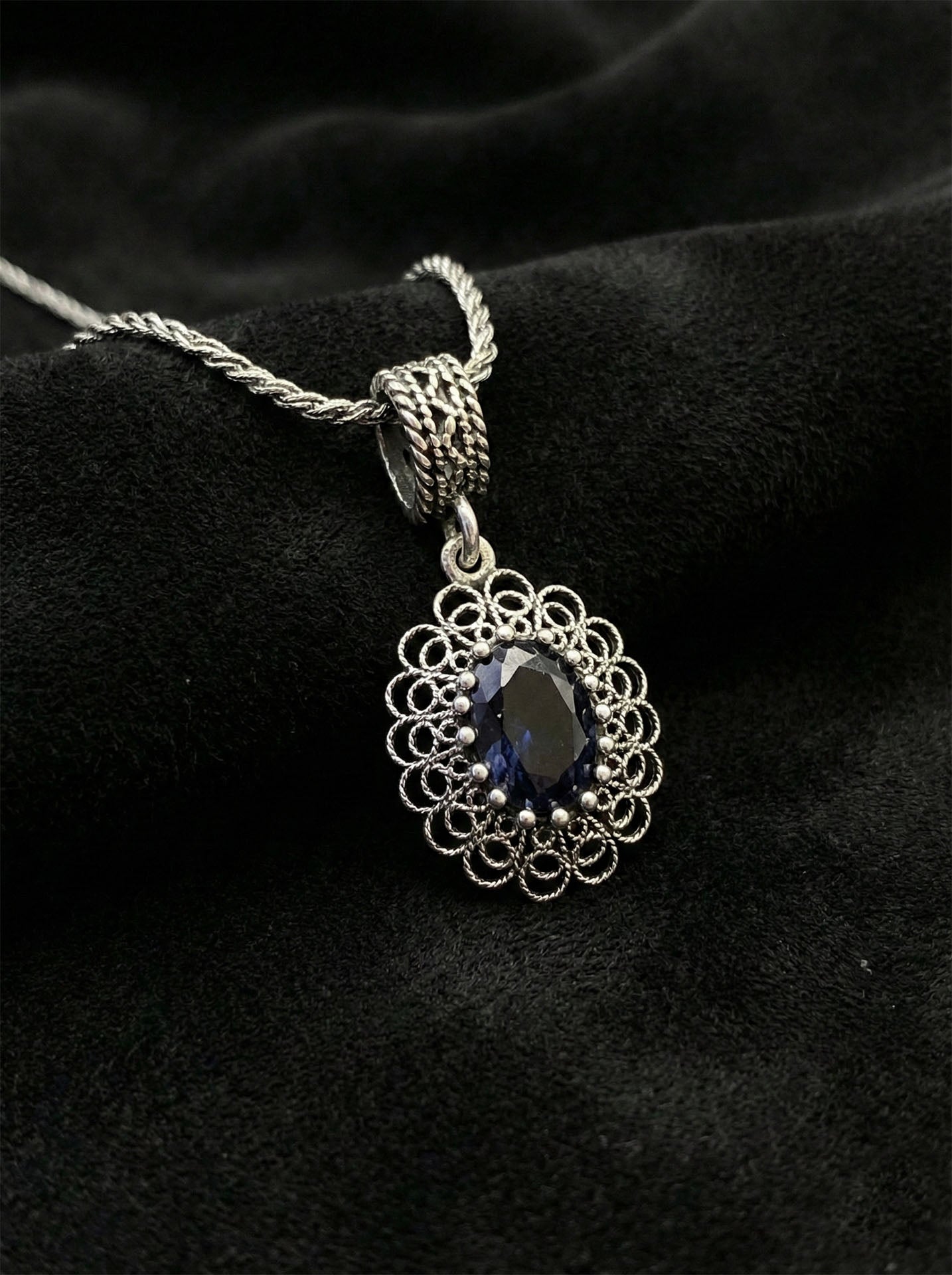 925 Sterling Silver Sapphire Gemstone Handcrafted Traditional Oval Filigree Necklace