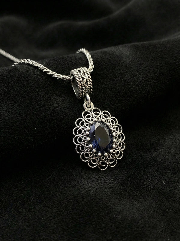 925 Sterling Silver Sapphire Gemstone Handcrafted Traditional Oval Filigree Necklace