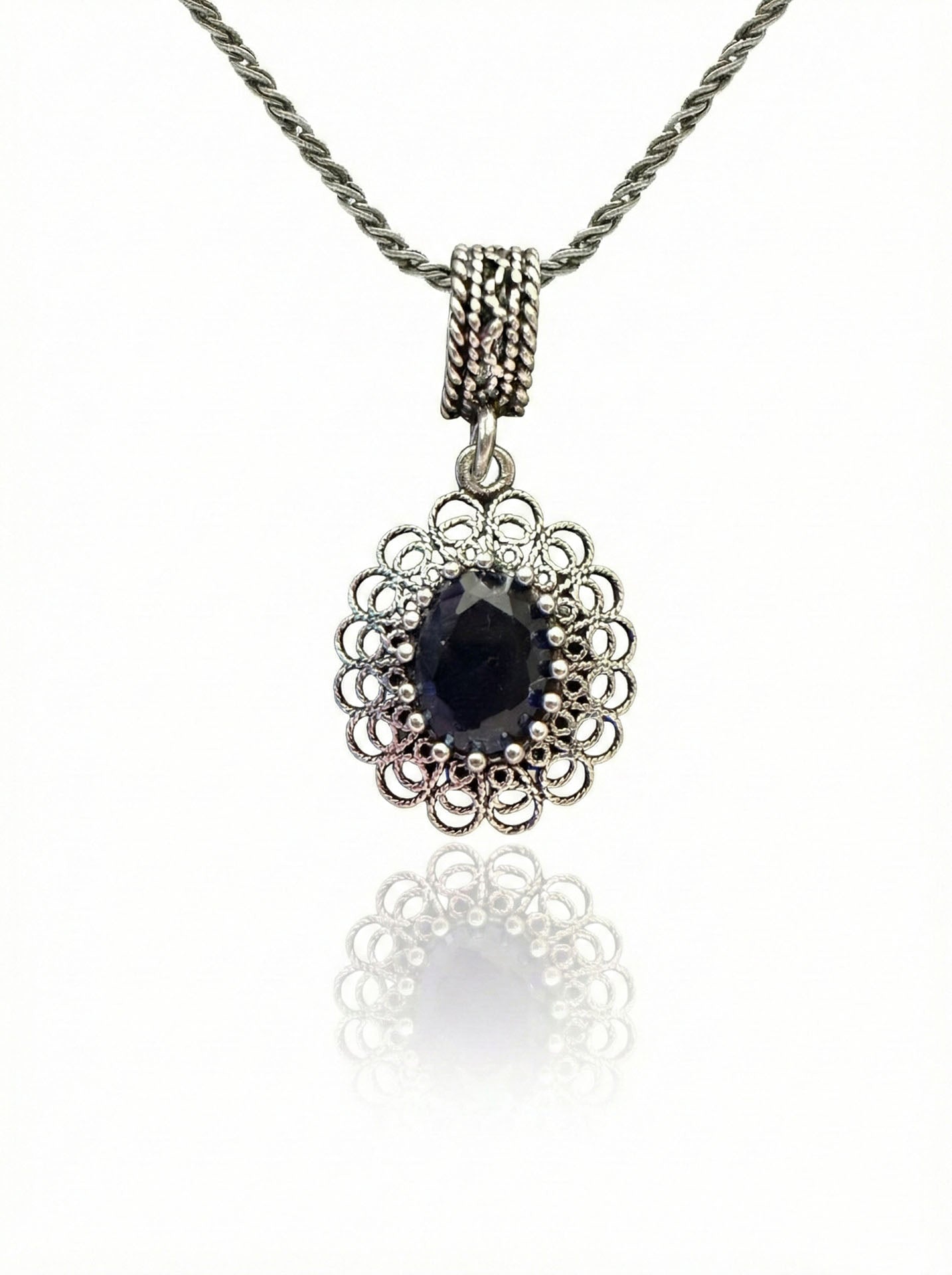 Sapphire Handmade Traditional Oval Filigree Necklace Silver