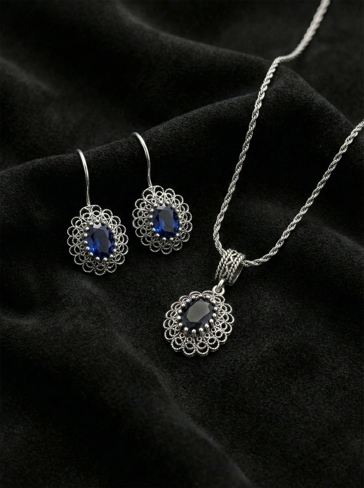 Sapphire Oval Filigree Necklace & Earrings Set in 925 sterling silver