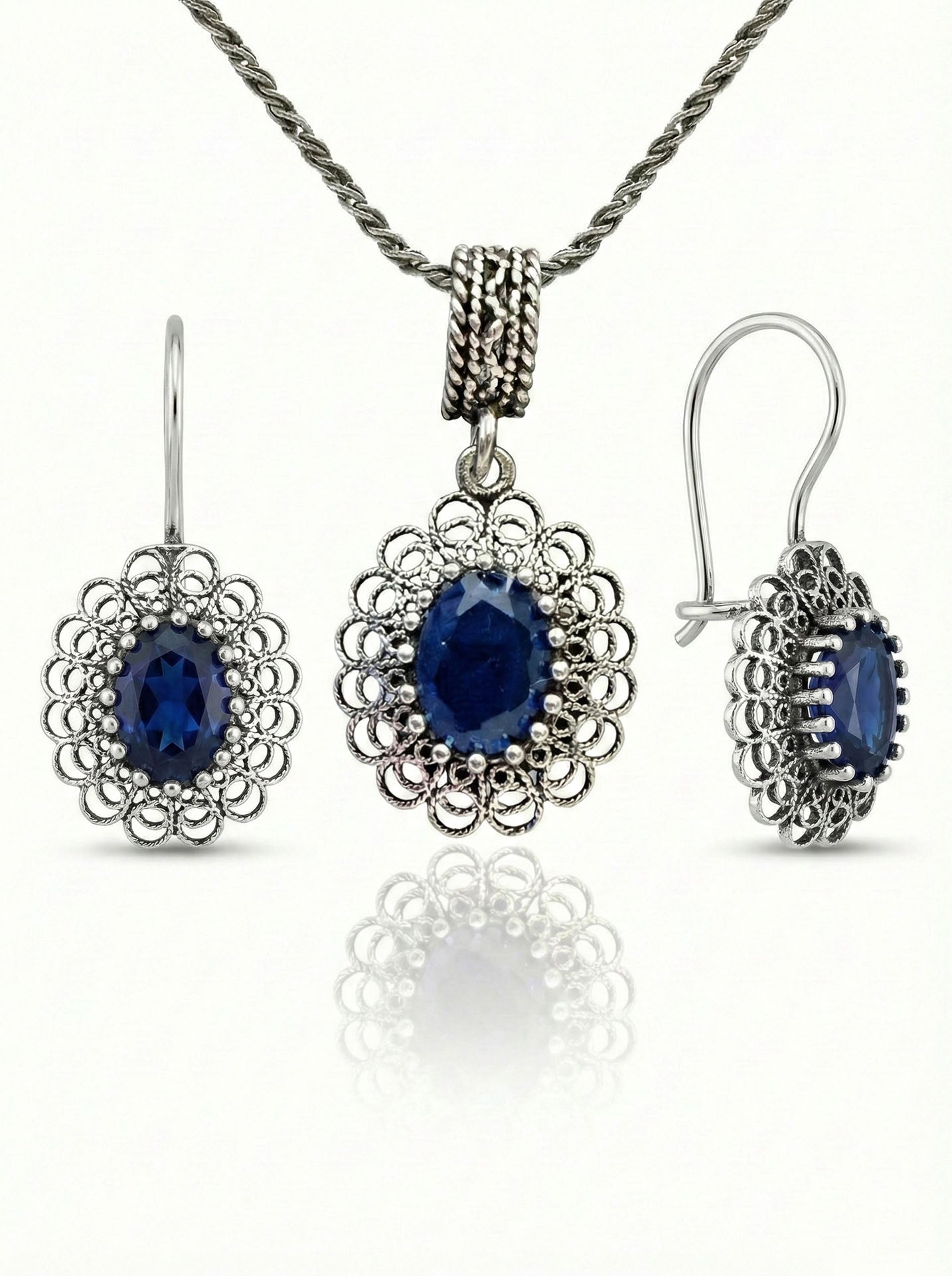 Sapphire Handmade Traditional Oval Filigree Necklace & Earrings Set Silver