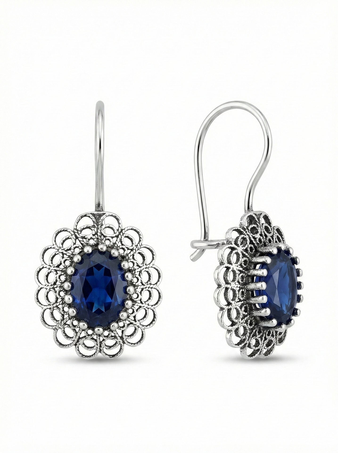 Sapphire Handmade Traditional Oval Filigree Earrings Silver