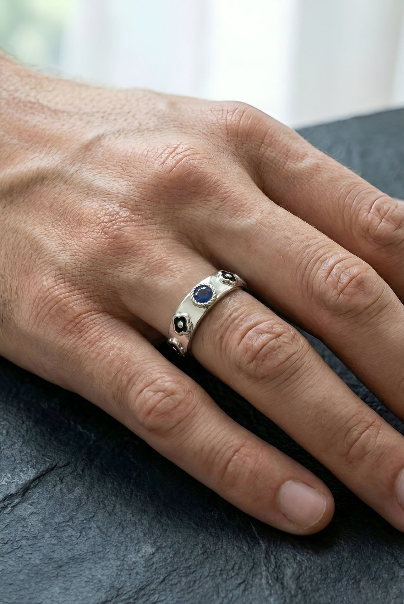 Sapphire Fantasy Adjustable Ring Men's Silver