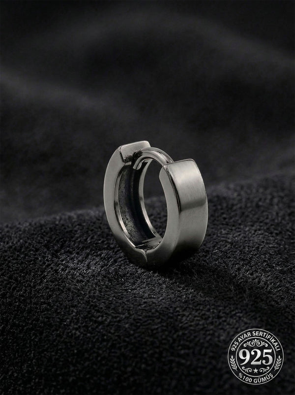925 Ayar Gümüş Siyah Rodajlı Yuvarlak Erkek Huggie Halka Küpe - Tek (4x11mm)
