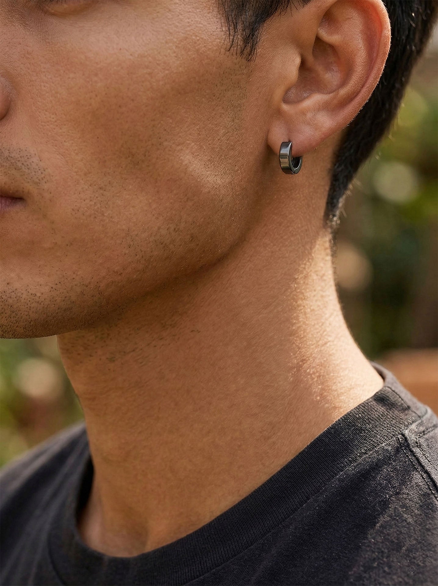 Round Men's Huggie Hoop Single Earrings Black Rhodium Plated Silver
