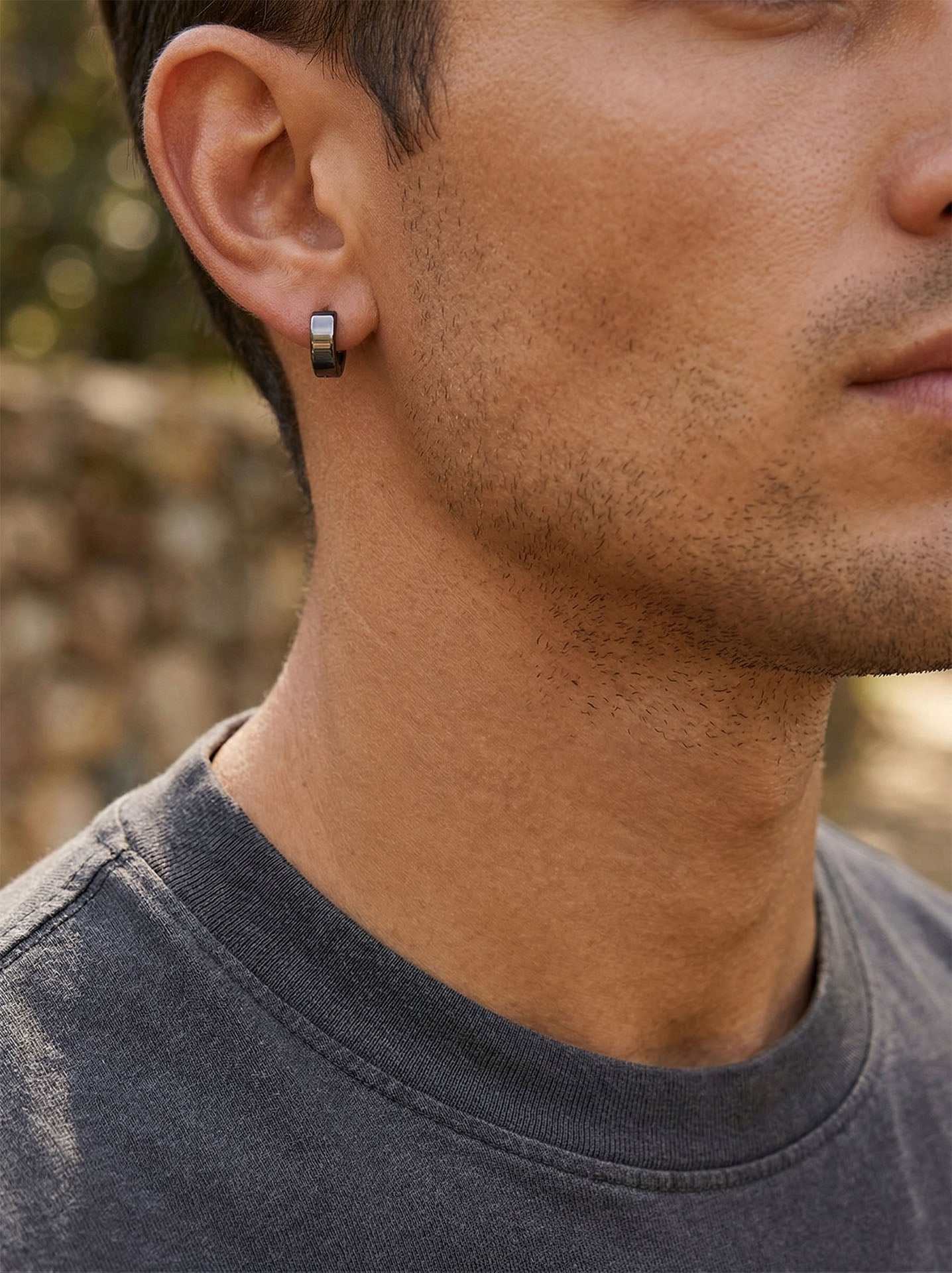Round Men's Huggie Hoop Single Earrings Black Rhodium Plated Silver