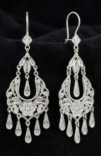 925 Sterling Silver Filigree Chandelier Dangle Earrings - Authentic Handcraft