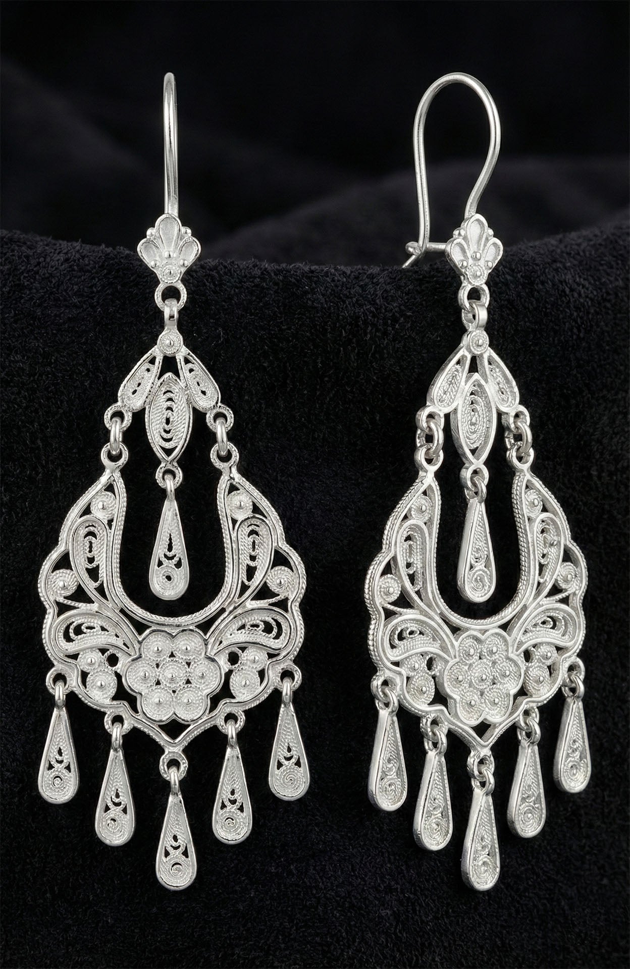 925 Sterling Silver Filigree Chandelier Dangle Earrings - Authentic Handcraft