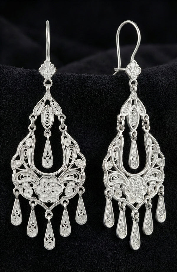 925 Sterling Silver Filigree Chandelier Dangle Earrings - Authentic Handcraft