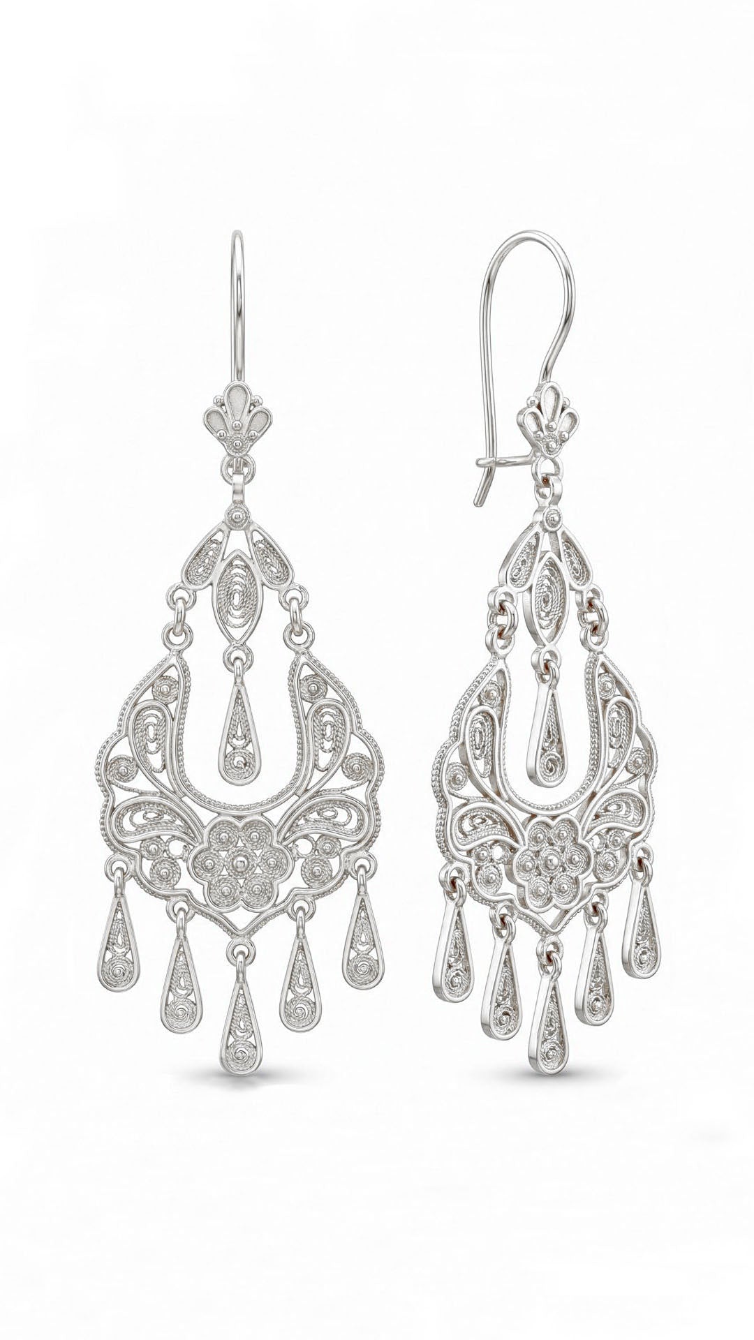 925 Sterling Silver Filigree Chandelier Dangle Earrings - Authentic Handcraft