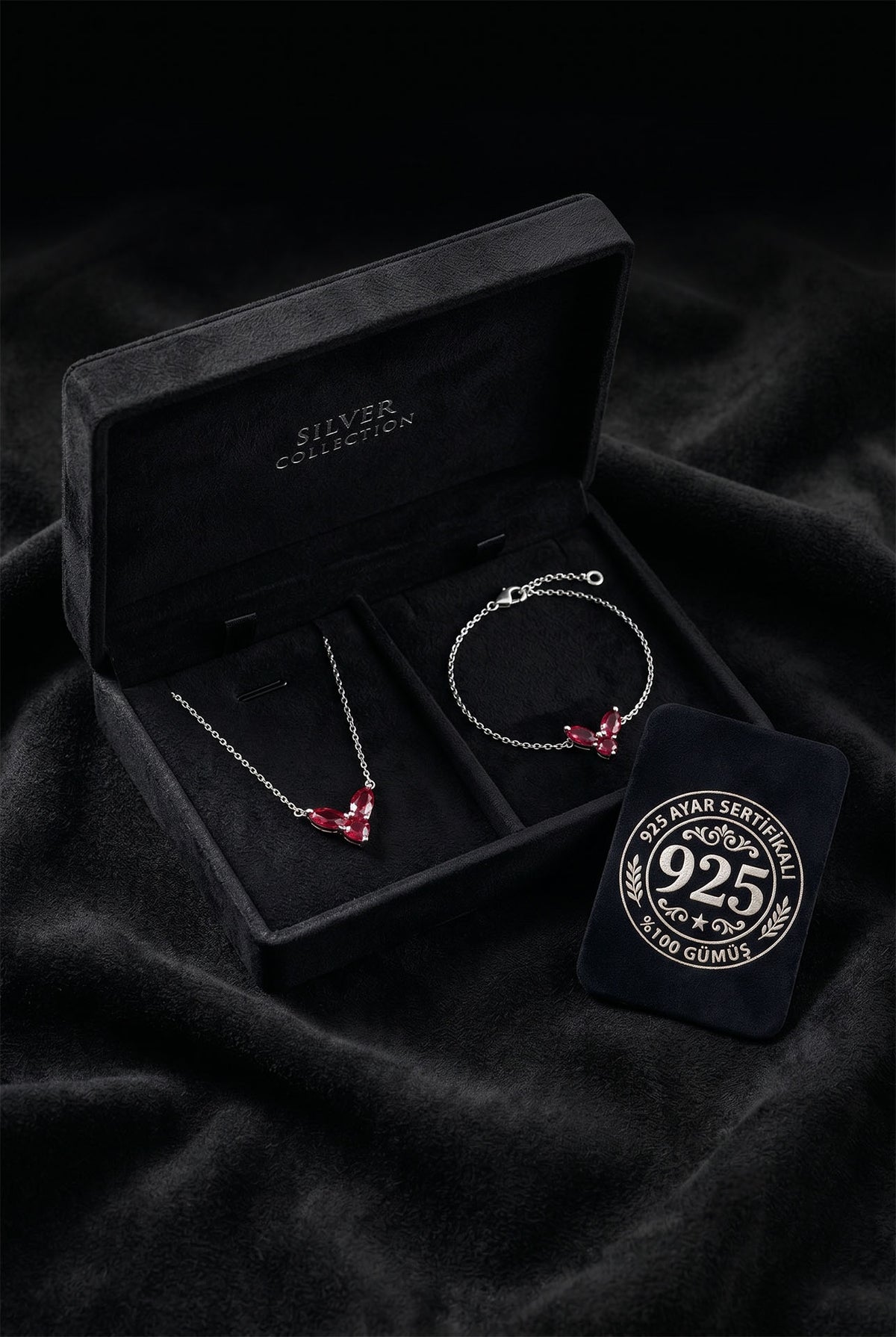Ruby Three Heart Necklace & Bracelet Set in 925 sterling silver - view 6