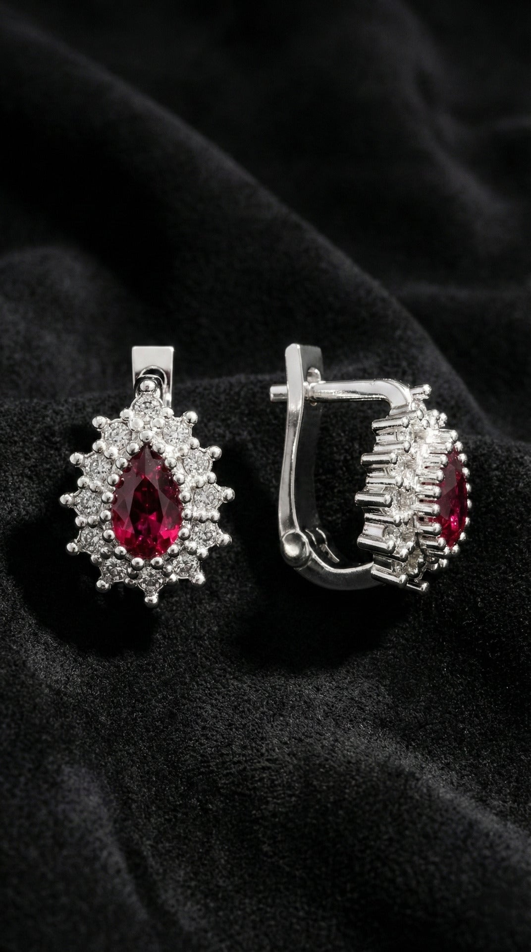 Red Ruby Pear Cut Halo Huggie Hoops for Kids in 925 sterling silver