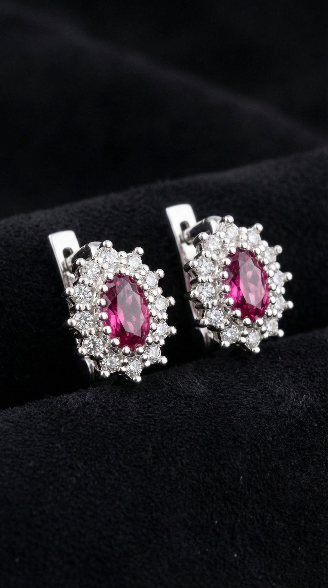 Ruby Huggie Earrings for Children - Oval Halo in 925 sterling silver