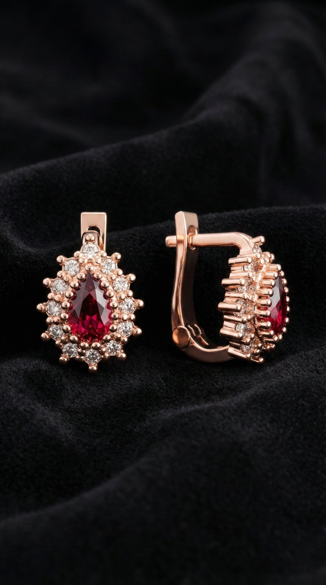 Rose Gold Ruby Pear Cut Halo Huggie Hoops for Children in 925 sterling silver