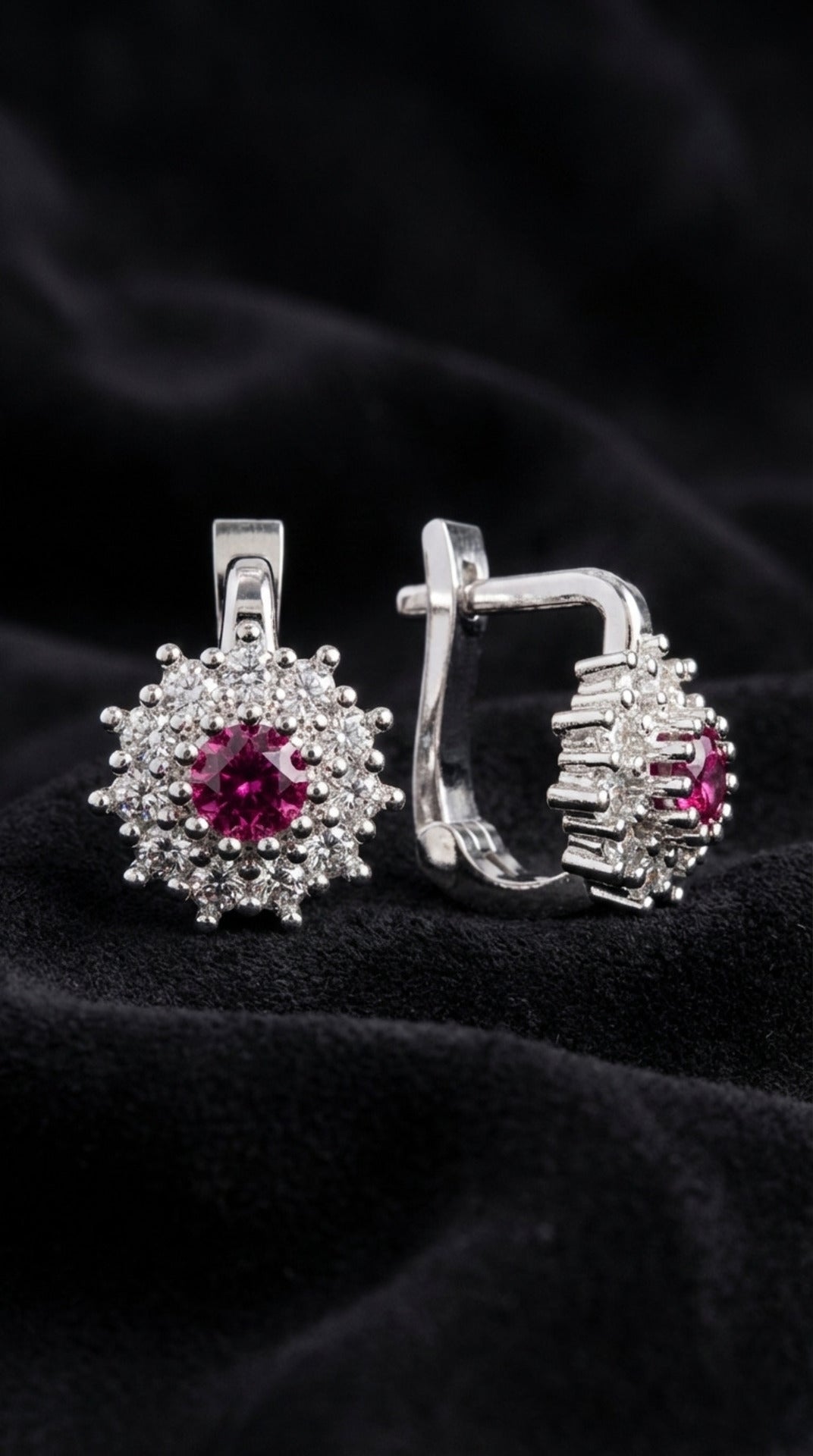 Ruby Huggie Earrings for Children - Round Halo in 925 sterling silver