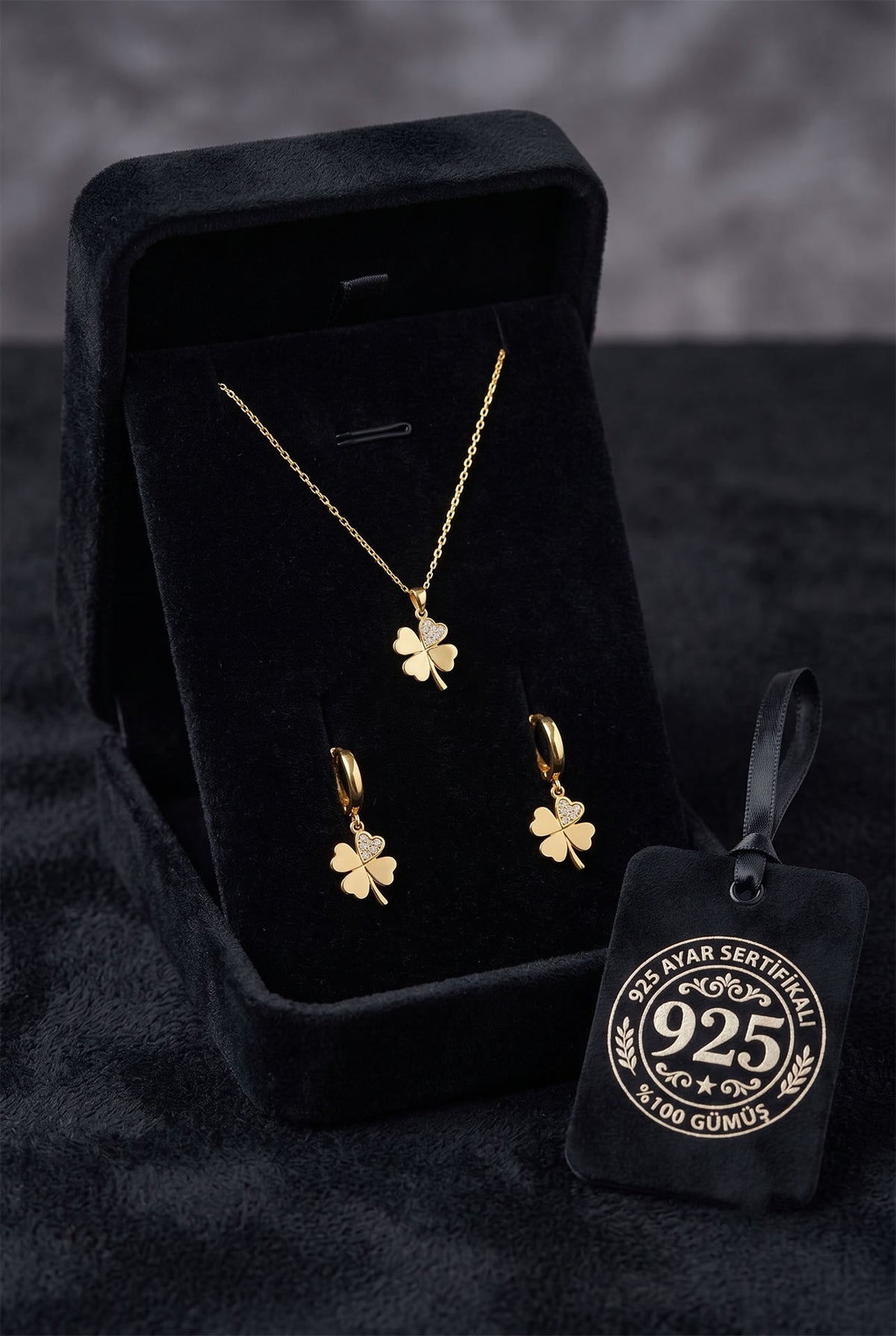 Gold Zircon Heart Necklace Earrings Set in 925 sterling silver