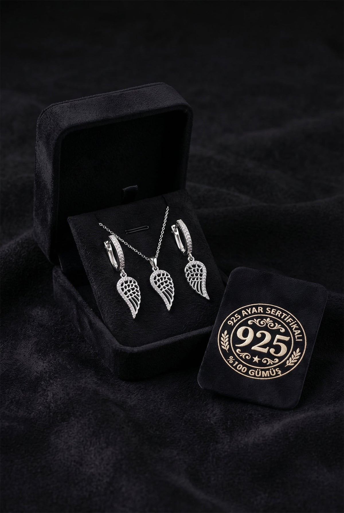 Zircon Angel Wing Necklace & Earrings Set in 925 sterling silver