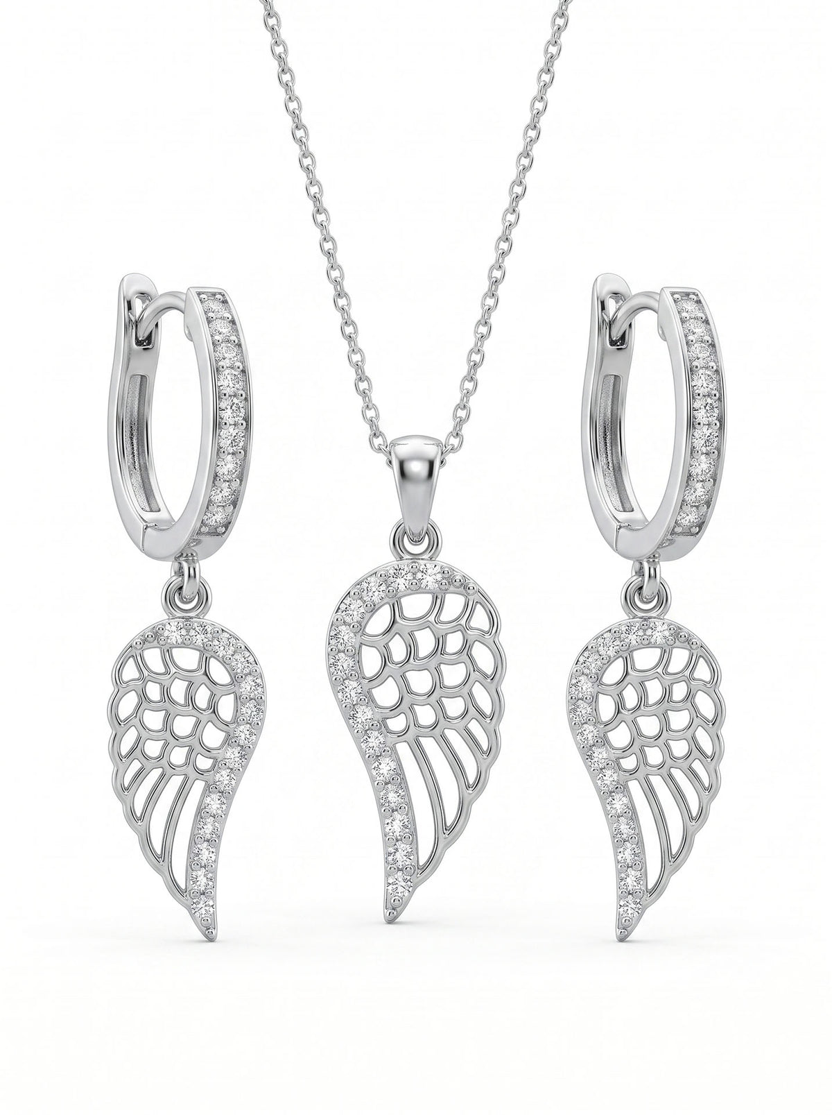 Zircon Angel Wing Necklace & Earrings Set in 925 sterling silver - view 4