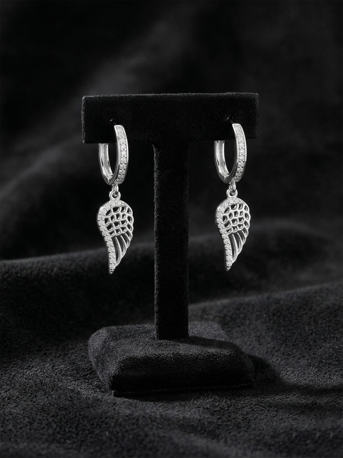 Rhodium Zircon Angel Wing Huggie Hoop Earrings in 925 sterling silver